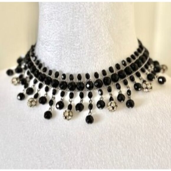 Jewelry - Vintage 1970s Black Crystal And Rhinestone Statement Necklace In Excellent